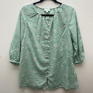 Pure Jill J.Jill Womens Small Cotton Floral Tunic Button Front 3/4 Sleeve Green